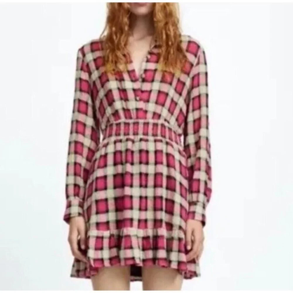 Zara Mini Shirt Dress Size Large Pink Plaid Academia Preppy School Girl Fall